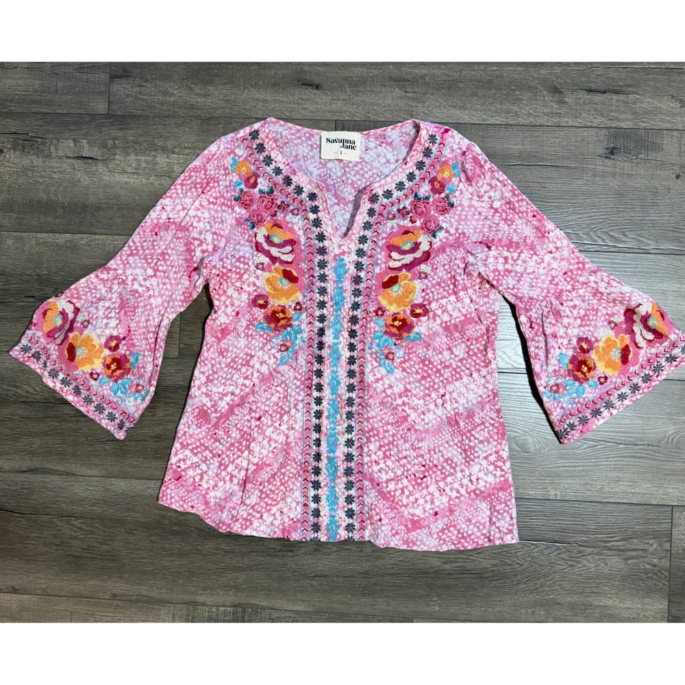 Savanna Jane Pink Floral Embroidered Bell Sleeve Tunic Top Size Small